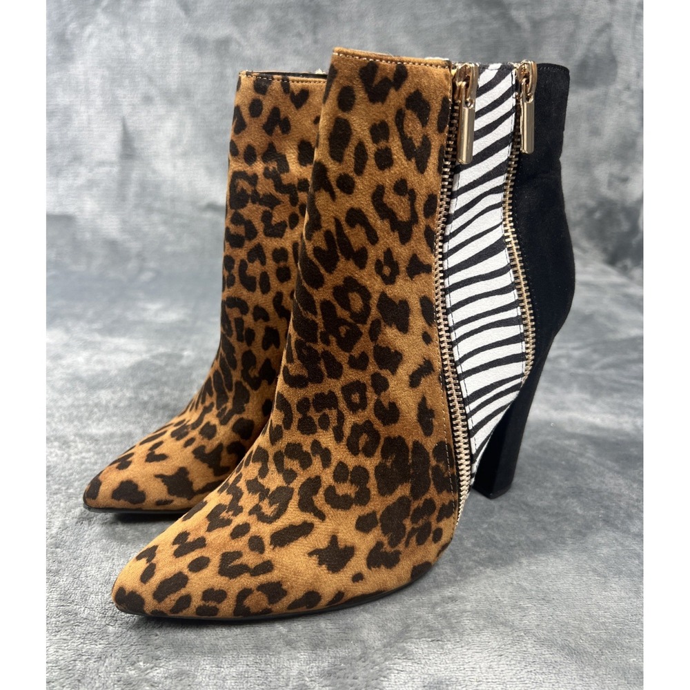 JustFab Diane Faux Suede Heels Ankle Boot Animal Print Double Zip Womens 7.5 Y2K